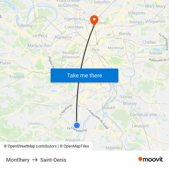Montlhery to Saint-Denis map