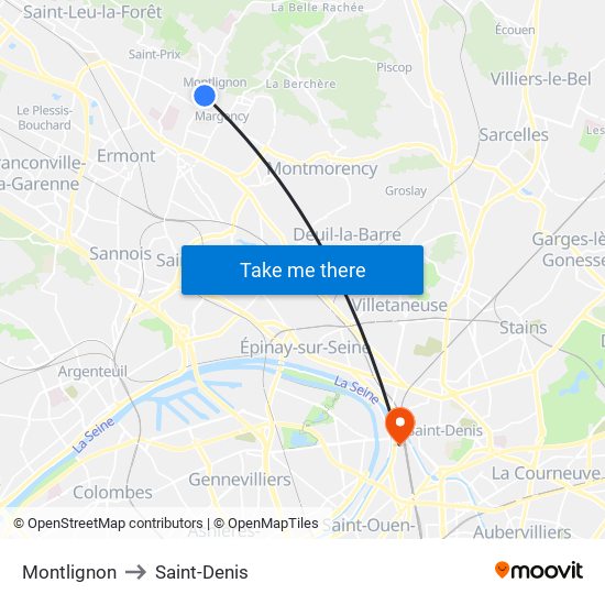 Montlignon to Saint-Denis map