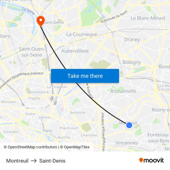 Montreuil to Saint-Denis map
