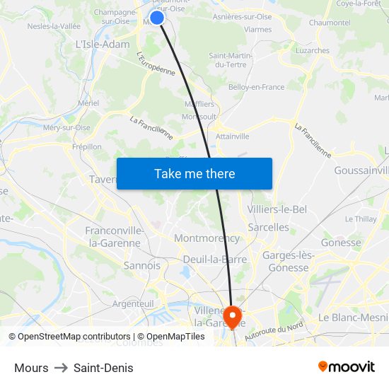 Mours to Saint-Denis map