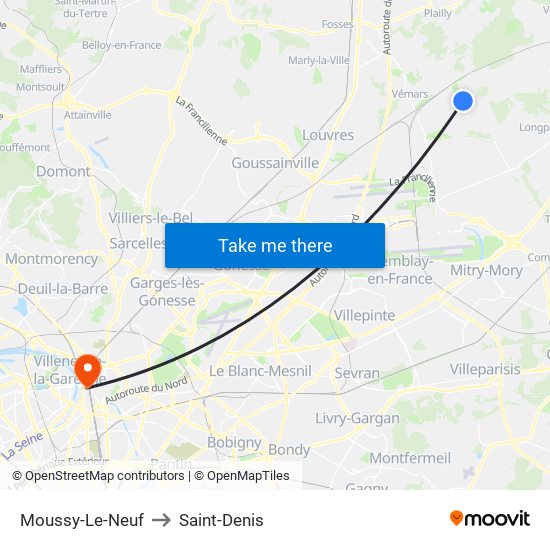 Moussy-Le-Neuf to Saint-Denis map
