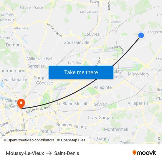 Moussy-Le-Vieux to Saint-Denis map