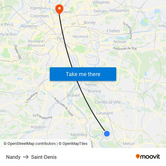 Nandy to Saint-Denis map