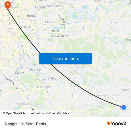 Nangis to Saint-Denis map