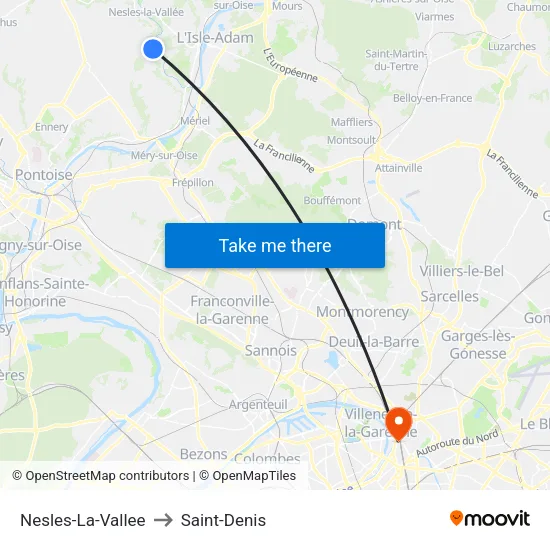 Nesles-La-Vallee to Saint-Denis map