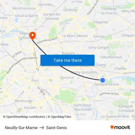 Neuilly-Sur-Marne to Saint-Denis map