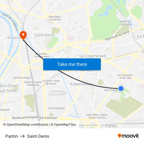 Pantin to Saint-Denis map