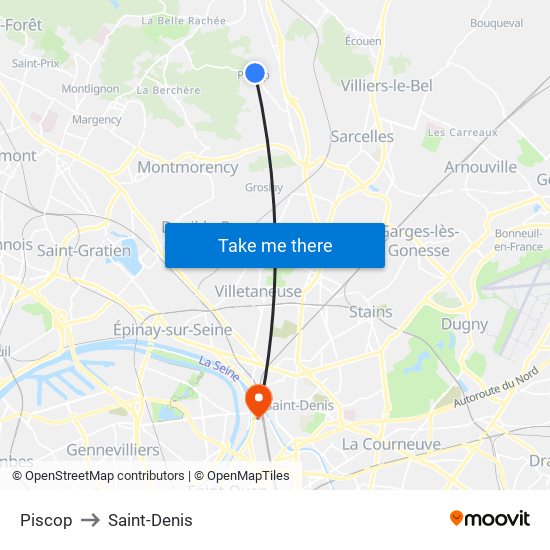 Piscop to Saint-Denis map