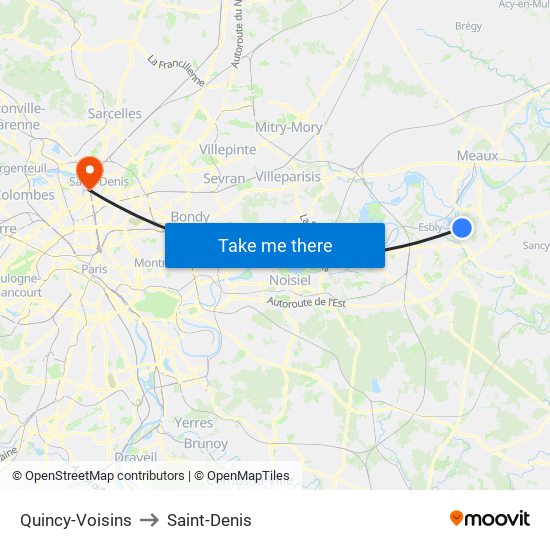 Quincy-Voisins to Saint-Denis map