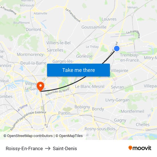 Roissy-En-France to Saint-Denis map