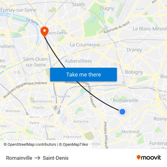 Romainville to Saint-Denis map