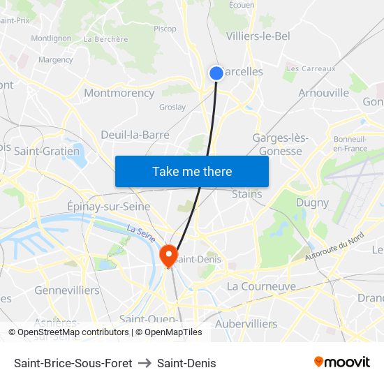 Saint-Brice-Sous-Foret to Saint-Denis map