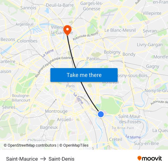 Saint-Maurice to Saint-Denis map