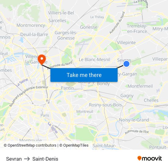 Sevran to Saint-Denis map