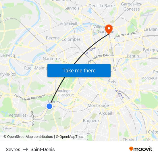 Sevres to Saint-Denis map