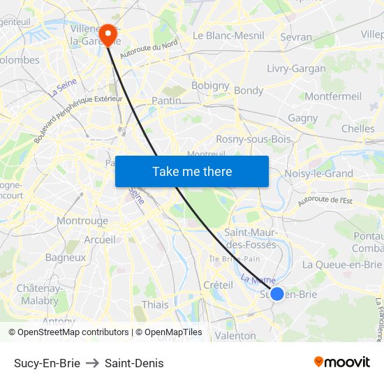 Sucy-En-Brie to Saint-Denis map