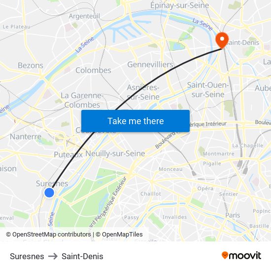 Suresnes to Saint-Denis map