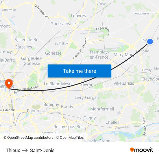 Thieux to Saint-Denis map