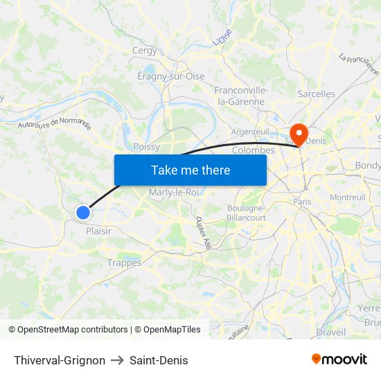 Thiverval-Grignon to Saint-Denis map