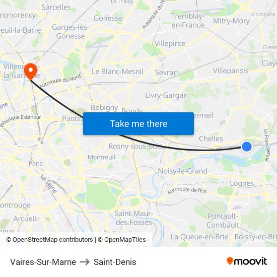 Vaires-Sur-Marne to Saint-Denis map