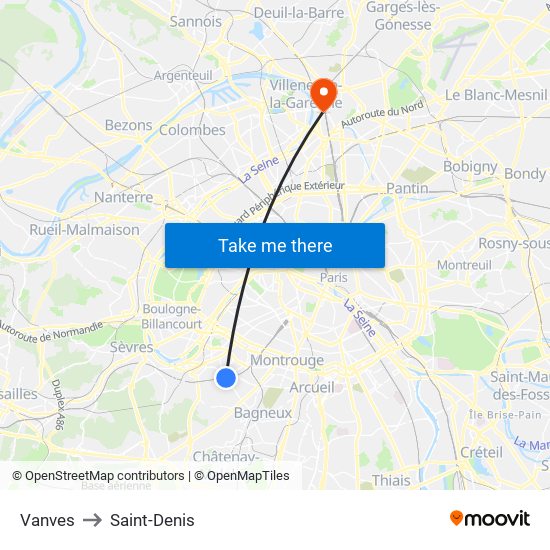 Vanves to Saint-Denis map