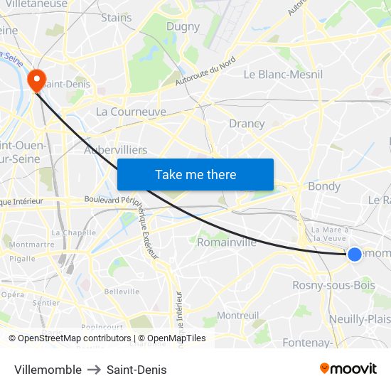 Villemomble to Saint-Denis map