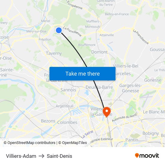 Villiers-Adam to Saint-Denis map