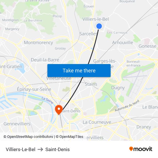 Villiers-Le-Bel to Saint-Denis map