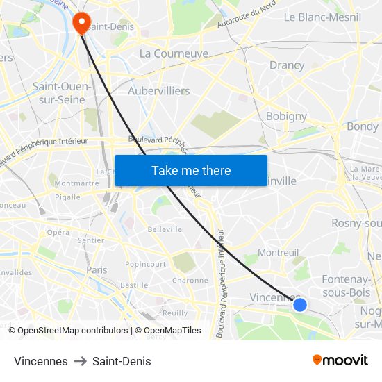 Vincennes to Saint-Denis map