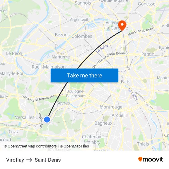 Viroflay to Saint-Denis map