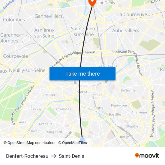 Denfert-Rochereau to Saint-Denis map