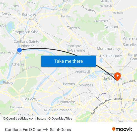 Conflans Fin D'Oise to Saint-Denis map