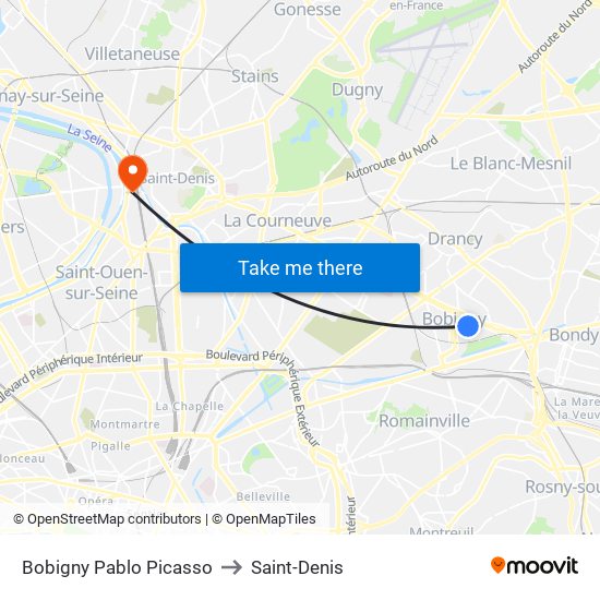 Bobigny Pablo Picasso to Saint-Denis map