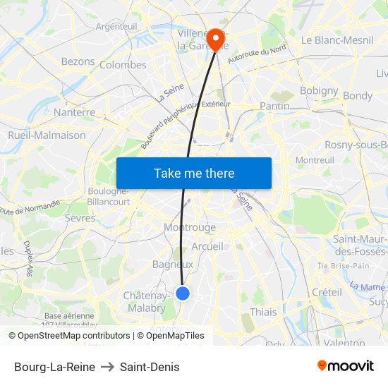 Bourg-La-Reine to Saint-Denis map