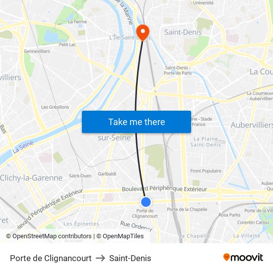 Porte de Clignancourt to Saint-Denis map