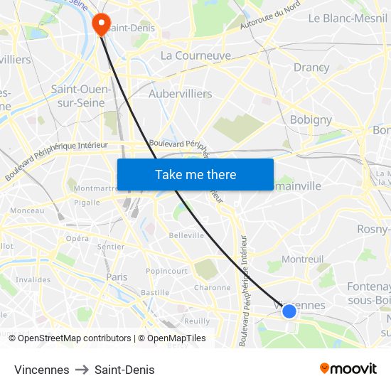 Vincennes to Saint-Denis map