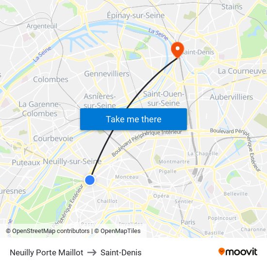 Neuilly Porte Maillot to Saint-Denis map
