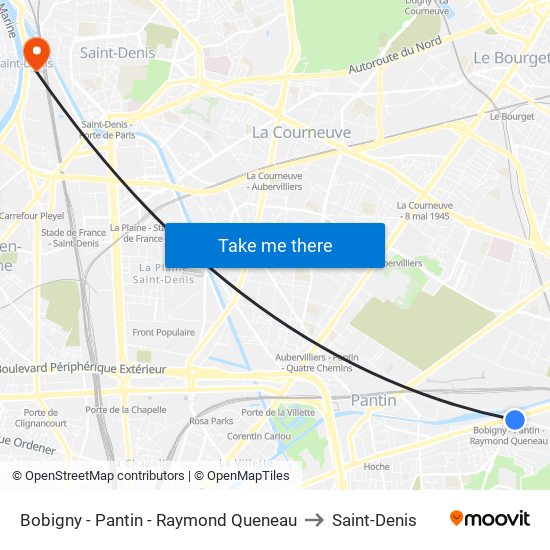 Bobigny - Pantin - Raymond Queneau to Saint-Denis map