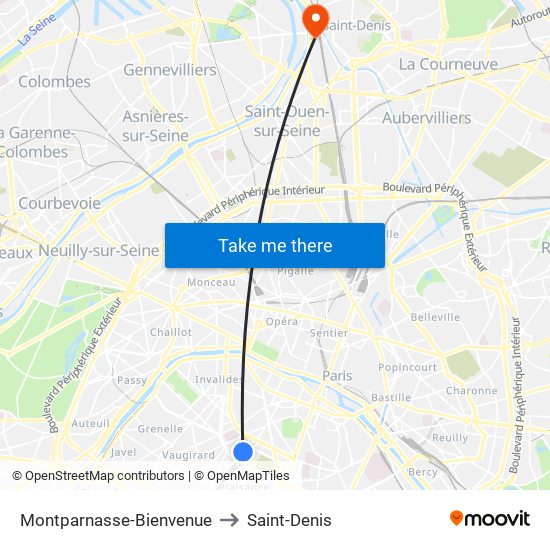 Montparnasse-Bienvenue to Saint-Denis map