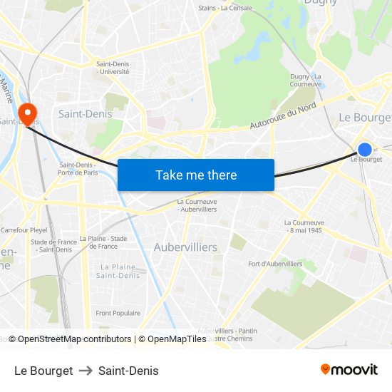 Le Bourget to Saint-Denis map