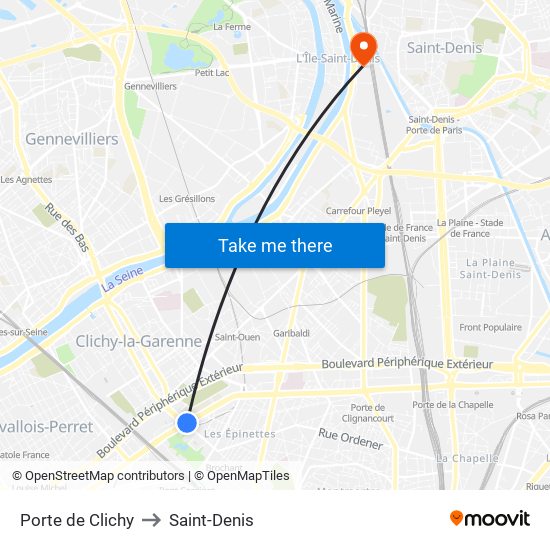 Porte de Clichy to Saint-Denis map