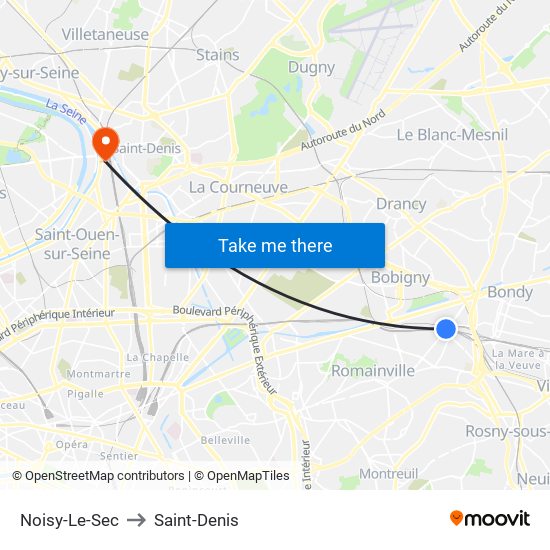 Noisy-Le-Sec to Saint-Denis map