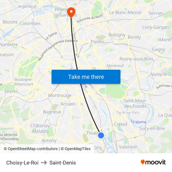 Choisy-Le-Roi to Saint-Denis map