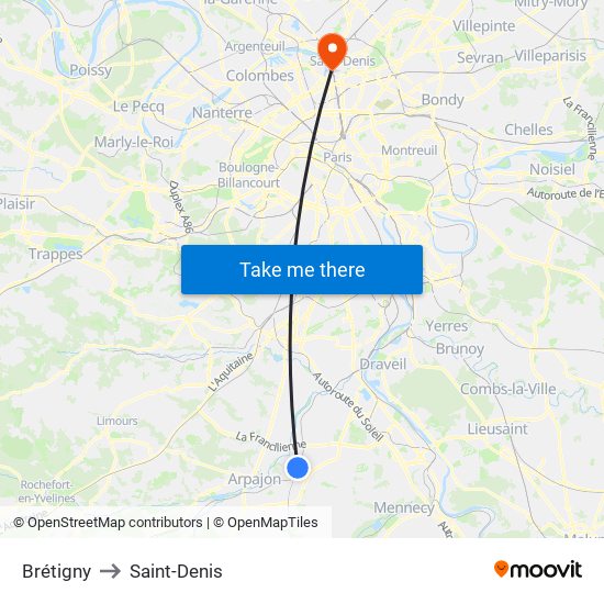 Brétigny to Saint-Denis map