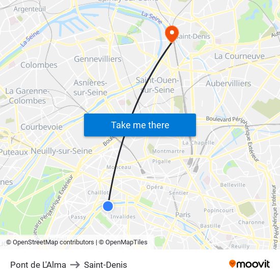 Pont de L'Alma to Saint-Denis map
