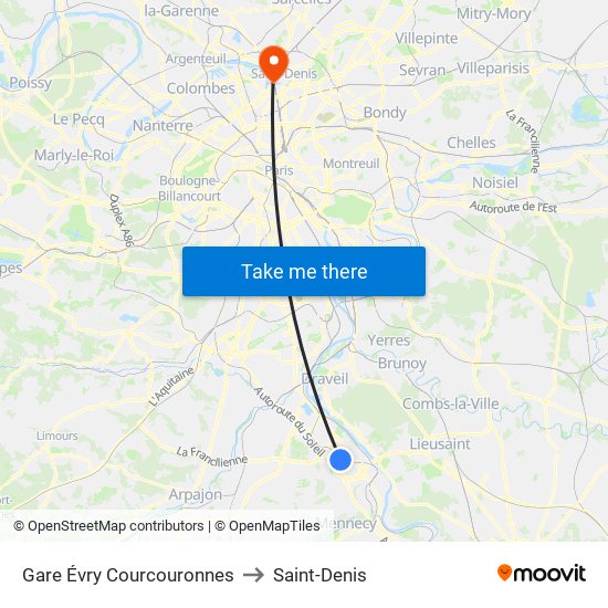 Gare Évry Courcouronnes to Saint-Denis map