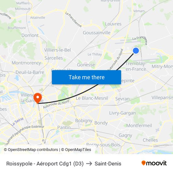 Roissypole - Aéroport Cdg1 (D3) to Saint-Denis map