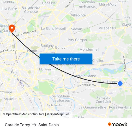 Gare de Torcy to Saint-Denis map