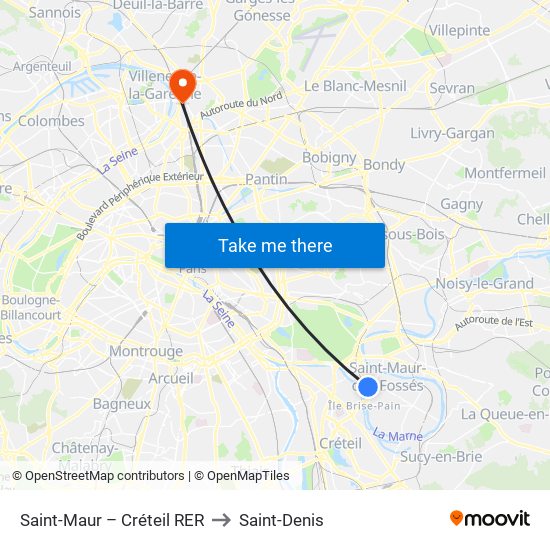 Saint-Maur – Créteil RER to Saint-Denis map