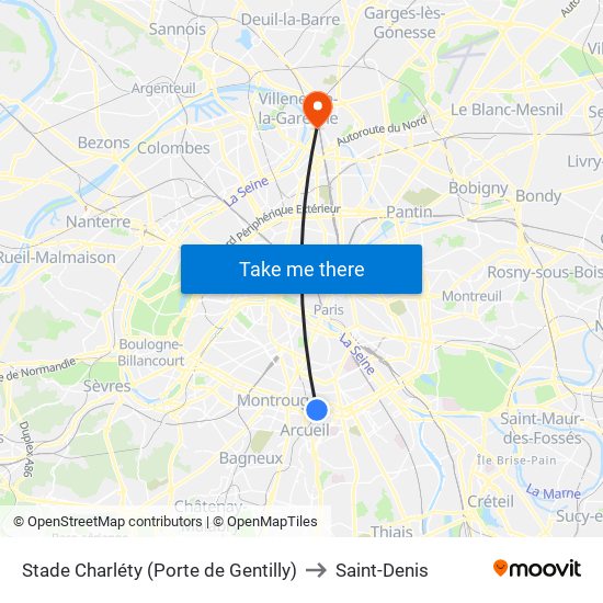 Stade Charléty (Porte de Gentilly) to Saint-Denis map